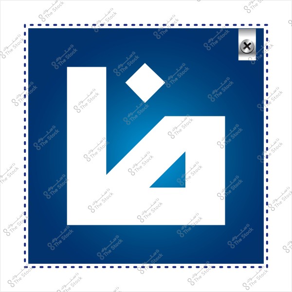 The image depicts a logo with a geometric design on a blue background. The logo consists of an irregular white geometric shape and a small square above it with sharpened edges. The logo is surrounded by a dotted blue line frame.