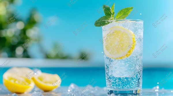 An image of a tall glass of sparkling water with a slice of lemon and two mint leaves inside the glass. Bubbles are visible throughout the drink, and there are ice cubes at the bottom. In the background, there is a blurred view of trees and greenery with a clear blue sky.