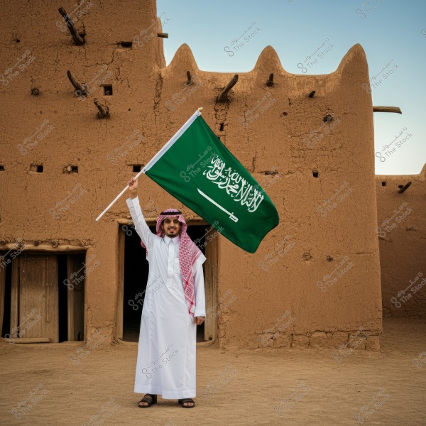 An image of a man wearing a traditional Saudi thobe and white and red ghutra, standing in front of a traditional clay building. He is holding the Saudi Arabian flag in his right hand. The historic building is in the background with a clear blue sky.