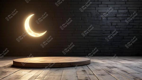 Image of a round wooden platform on a wooden floor, with a dark brick wall in the background. A glowing crescent moon is visible, adding a serene and warm atmosphere.