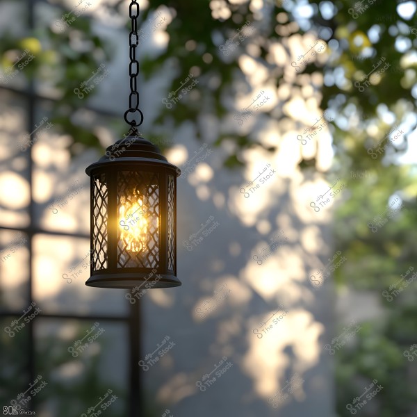 A hanging metal lantern with a lattice design, illuminated against an outdoor background of trees and walls blurred in a bokeh effect, creating a natural and warm ambiance.