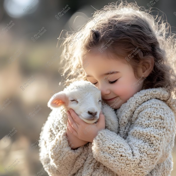 A young girl with a joyful expression cuddles a small lamb. The girl is wearing a thick woolen sweater that resembles the fleece of the white lamb she is holding. The background is blurred, highlighting the warm and intimate moment between the girl and the lamb.