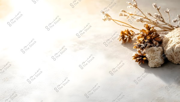 The image contains a light background with dried brown plant branches and white stones on the right. The lighting is soft, creating a calm and simplistic atmosphere.
