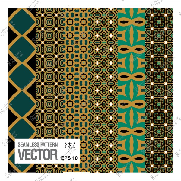 Seamless colorful patterns in gold, green, and black, displaying various geometric and ornamental designs.