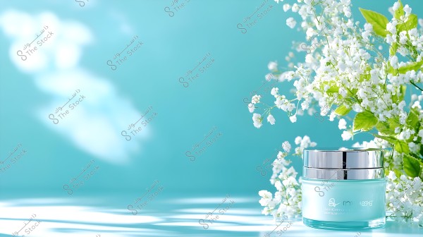 An image of a cream jar with a turquoise blue tint and a reflective silver lid, set against a light blue background. Small white flowers and green leaves appear to the right, adding a natural and refreshing touch to the image. Soft shadows on the blue surface enhance the overall ambiance of the picture.