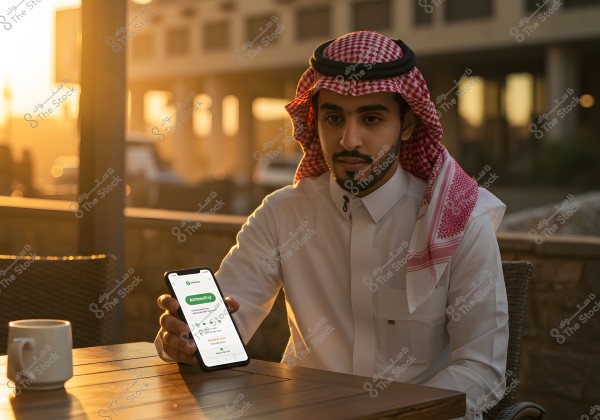 The image shows a young man wearing a Saudi thobe and red shemagh sitting in a café during sunset. He holds a smartphone displaying a banking app and sits at a wooden table with a coffee cup beside him. In the background, buildings and a street are illuminated by the setting sun.