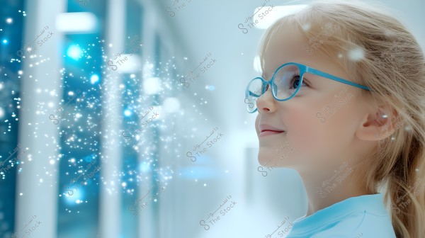 Image of a young girl wearing blue glasses, looking optimistically forward. There is a sparkling, magical light energy around her, creating an enchanting atmosphere. The background is blurred with light colors, enhancing the feeling of magic and fantasy.