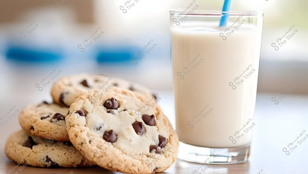Image of a glass of milk with four chocolate chip cookies placed on a wooden surface. The milk is in a glass with a blue straw, and the cookies are marked with distinct chocolate chips.