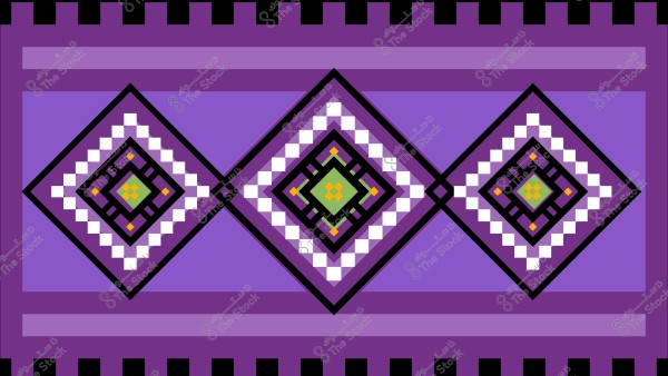 تصميم فنّي يتضمن أنماطاً هندسية ملونة بألوان أرجوانية وبيضاء مع لمسات صفراء وخضراء. الأنماط عبارة عن مربعات متداخلة داخل بعضها البعض ومحاطة بخطوط سوداء. الخلفية تستخدم درجات متناغمة من اللون الأرجواني, مما يخلق تأثيرًا بصريًا جذابًا.