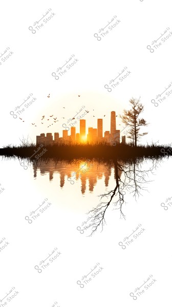 An image depicting a city skyline at sunset with its reflection in the water. Bare trees appear in the foreground on both sides, with birds flying in the sky. The reflection of the buildings and trees is clearly visible in the calm water.