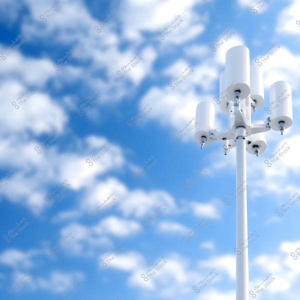 Image of a modern communication tower with multiple broadcasting devices, the tower is sleek and white, standing tall under a clear blue sky with scattered white clouds.