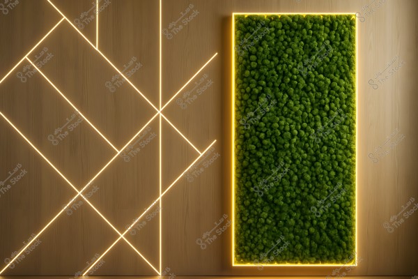 A modern wall panel consisting of two sections, on the left is a geometric design with intersecting white illuminated lines on a wooden background. To the right, a rectangular section of green moss is bordered by a yellow illuminated frame.