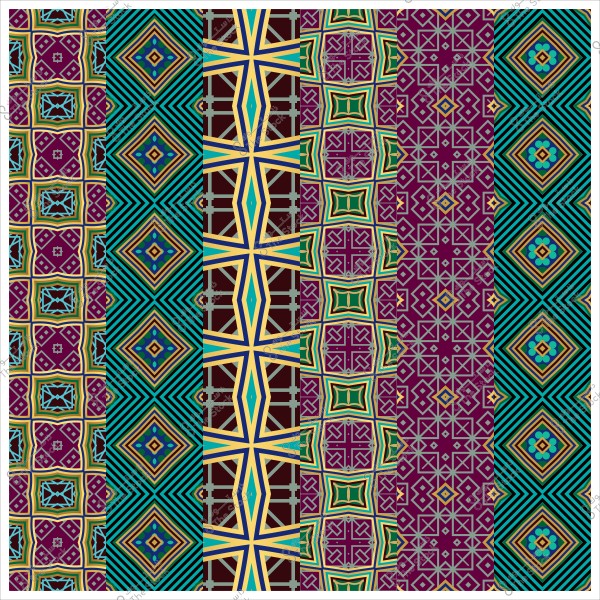 أنماط هندسية ملونة بأشكال مختلفة تشمل خطوط وأشكال هندسية متعددة الألوان.