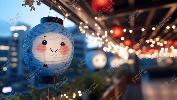 A glowing paper lantern with a smiling face and rosy cheeks, hanging on a balcony decorated with colorful lanterns and string lights in the evening. The background shows a blurred view of a balcony and buildings.