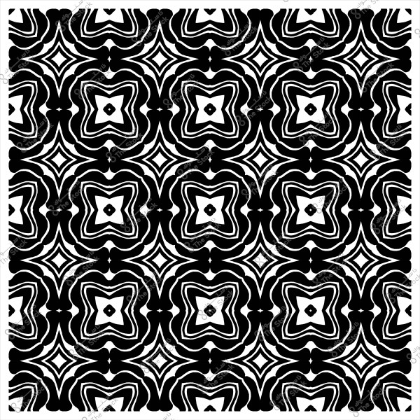 Black and white seamless pattern with interlocking geometric shapes resembling flowers and stars.