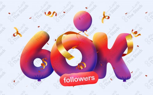 Banner with 60K followers thank you in form of 3d  balloons and colorful confetti. Vector illustration 3d number for symbolizing the colors of Instagram, to express thanks to the followers