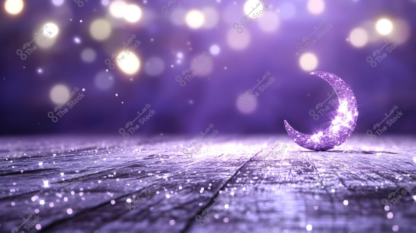 Image of a shimmering purple crescent placed on a wooden surface lit by sparkling lights. The background features glowing bokeh lights in various colors, creating a calm and romantic atmosphere.