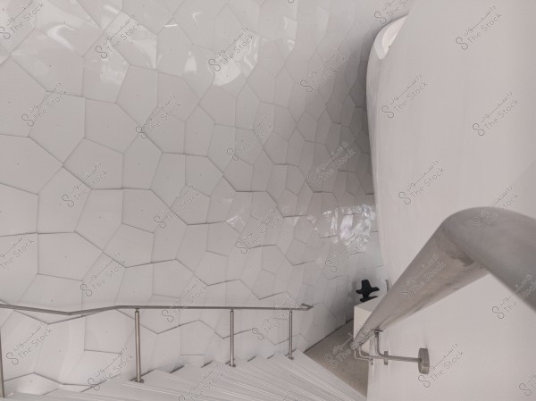 The image depicts a modern indoor staircase with metal railings on both sides and walls covered with large, white, polygonal tiles. The design is sleek and contemporary, with a black chair at the base of the stairs.