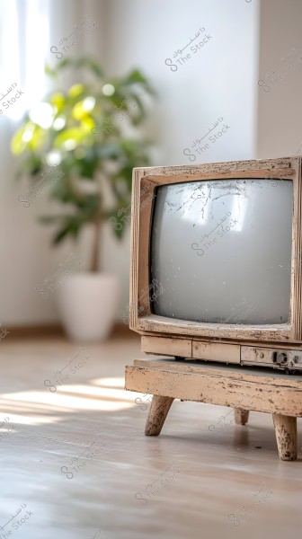 An old brown television set positioned on a wooden floor illuminated by sunlight. In the background, there\'s an indoor plant in a white pot, and the room appears bright and well-lit.
