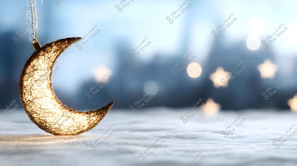 Image of a glowing crescent moon ornament made from a shimmering thread-like material, hanging against a blurred background with scattered glowing stars. The ground appears to be a soft surface covered in snow or white fabric, giving the scene a tranquil and wintery atmosphere.
