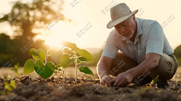 A man wearing a hat and a striped shirt kneels in a field during sunset. He is tending to small plants growing in the soil. The golden sunlight reflects off the green leaves.