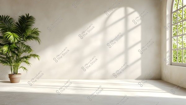 Image of a bright room featuring a plant in the corner. The plant has large green leaves and is placed in a brown pot. Sunlight streams through a large arched window on the right wall, casting shadowy light patterns on the white wall and floor.