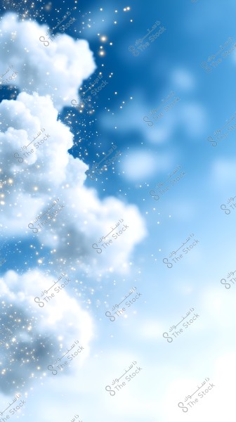 An image of soft white clouds adorned with golden light sparkles against a clear blue sky, evoking a sense of tranquility and magic.