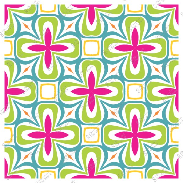 نمط زخرفي متماثل بألوان زاهية تشمل الوردي والأخضر والأزرق في تصميم متكرر.