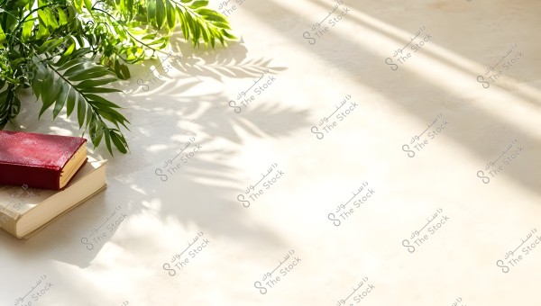The image shows two books placed on a sunlit surface. The top book has a red cover, with sunlight streaming over it. Green plant leaves appear in the top left corner, casting graceful shadows on the light beige surface.