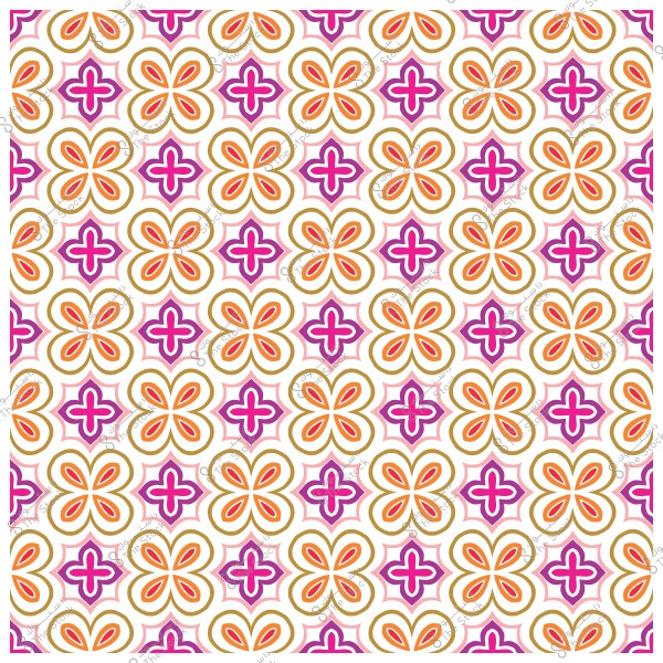 A geometric repeating pattern featuring floral shapes and wavy lines in pink, orange, and black colors on a white background.
