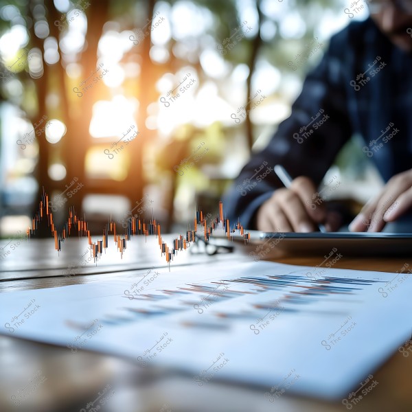 صورة لشخص يكتب على حاسوب لوحي بينما تظهر رسوم بيانية مالية على صفحة مطبوعة أمامه. يظهر في الخلفية مشهد غير واضح للطبيعة مع شمس ساطعة. الصورة تركز على الأنشطة المالية والتداول.