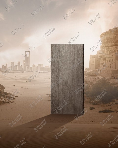 An image depicting a desert scene with a modern city skyline in the background featuring a distinctively designed tall building. In the foreground, a block with a wood-like texture stands casting a shadow on the sand. To the right, there are traditional-style old buildings.