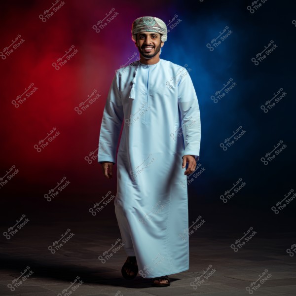 An image of a man wearing a white dishdasha and an Omani turban, standing against a colorful backdrop transitioning from red to blue. This attire is traditional in Oman.