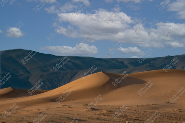 A natural landscape of part of the desert showing soft sand dunes under a blue sky with some white clouds. In the background, a mountain range is seen shaded under sunlight, adding a variety of colors to the desert scene.