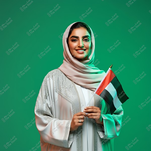 Image of a woman wearing a beige embellished abaya and a matching hijab. She is holding the flag of the United Arab Emirates in her hands. The background is green, and the woman is smiling warmly.