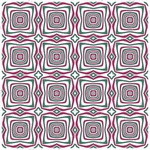 Geometric decorative pattern with repeating shapes of squares and intertwined lines in green and red colors.