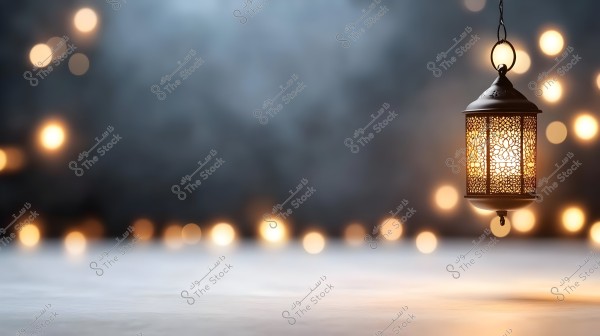 A lit Arabic lantern is hanging on the right side of the image, casting a warm and soft light. In the background, there are multiple unfocused light spots scattered, creating a serene and festive atmosphere.