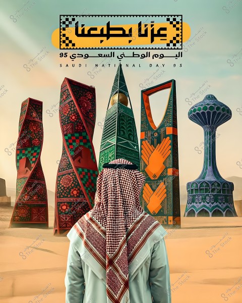 The image shows a person from behind wearing traditional Saudi attire, including a thobe and a checkered headscarf with an agal, looking at five colorful modern architectural structures in the desert. At the top of the image, there is text in Arabic that reads \"عزنا بطبعنا\" and in English \"SAUDI NATIONAL DAY 95\", indicating the Saudi National Day.
