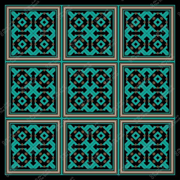 نمط زخرفي هندسي إسلامي مكون من مربعات متماثلة باللونين الأزرق والأسود مع خطوط بنية وذهبية.