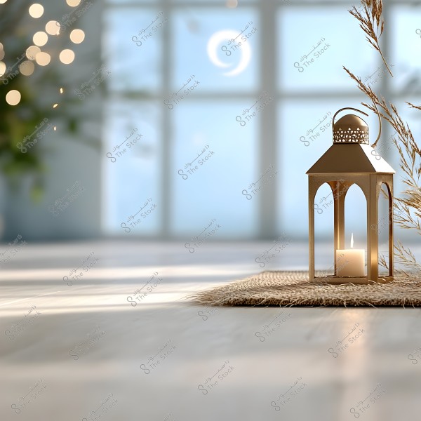 A gold metallic lantern placed on a wooden surface, next to small shrubs and scattered leaves. In the background, a large window allows light to enter, creating a warm and tranquil ambiance. The focus is on the glowing lantern in the foreground, with a blurred background.