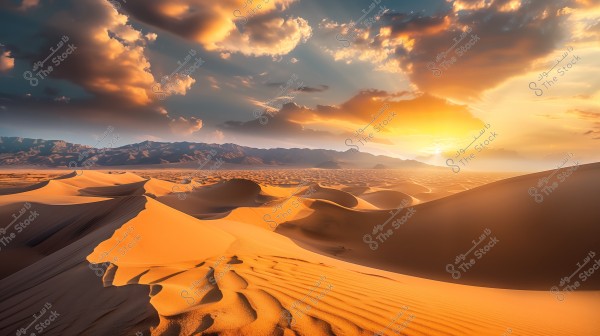 A stunning landscape of a vast desert during sunset. The golden sand dunes glisten under the slanting sunlight, with a distant mountain range visible on the horizon. The sky is filled with clouds reflecting the warm rays of the sun, creating a mesmerizing scene.