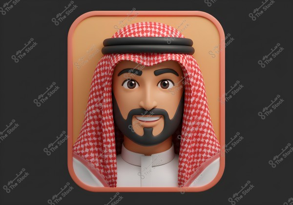 A 3D illustration of a man wearing traditional attire, including a red and white checkered keffiyeh and an agal on his head, with a white thobe. The man is smiling, and the background is dark brown with an orange border, suggesting a traditional Saudi Arabian look.