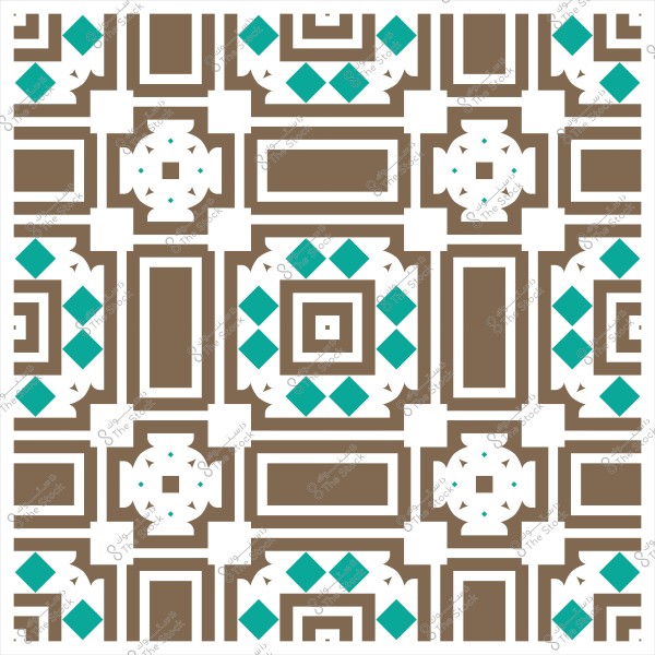 نمط زخرفي هندسي يتكون من مربعات بيضاء وبنية وأشكال ماسية زرقاء.