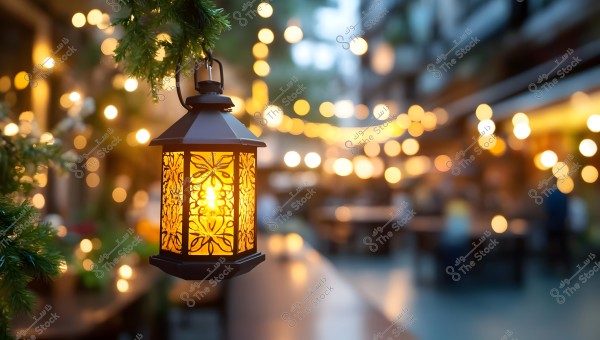 A lit, decorative lantern hanging in an outdoor evening scene. The background displays bohemian string lights, creating a warm and blurry ambiance, with green branches intertwined with the lantern.