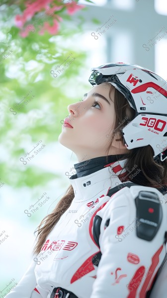 صورة لشخص يرتدي خوذة سباق ونظارات واقية, مع زي سباق باللونين الأبيض والأحمر. الشخص يبدو وكأنه يتأمل في الطبيعة, حيث تتدلى أوراق خضراء وزهور وردية في الخلفية. ترتدي الخوذة علامات تصميم حديثة تتضمن أرقامًا وحروفًا باللون الأحمر.