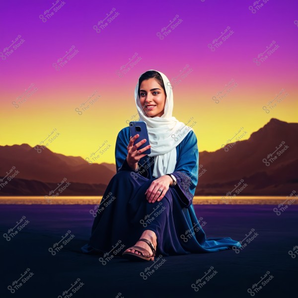 An image of a woman sitting in a stunning natural landscape during sunset. She is wearing a dark blue abaya and a white hijab, possibly suggesting origin from the Arabian Gulf region. She is holding a mobile phone and smiling, with a background of mountains and a lake surface displaying beautiful purple and orange hues reflecting the sunset.