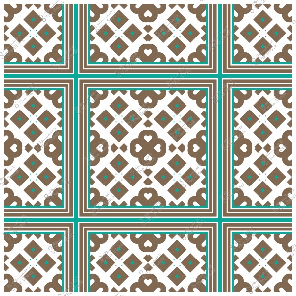 Decorative pattern with geometric shapes in brown and blue colors on a white background.