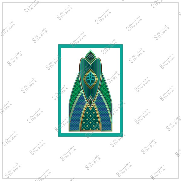 صورة توضح تصميمًا هندسيًا بسيطًا بألوان خضراء وزرقاء, مستوحى من أشكال الفن الإسلامي. توجد تفاصيل دقيقة ضمن التصميم مع وجود إطار بلون أخضر حول الشكل الرئيسي.

-