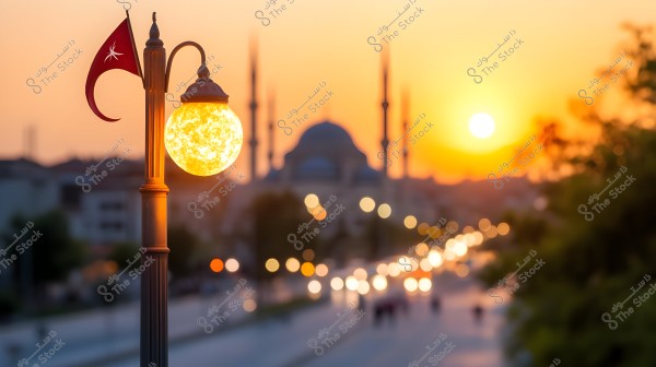 A lit street lamp with a golden glow, displaying a small red flag featuring a crescent. In the background, a large mosque with tall minarets is visible against a bright orange sunset sky.
