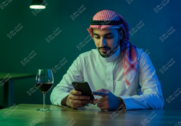 An image of a man sitting at a table wearing traditional white attire with a red and white checkered headscarf. The man is focused on his mobile phone in his hand. On the table in front of him is a glass containing a red liquid. The lighting in the room is dim with green and blue hues.